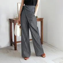 

65% Dropshipping!!Pants Stripes Wide Leg Slacks Women High Waist Pockets Bandage Trousers for Work