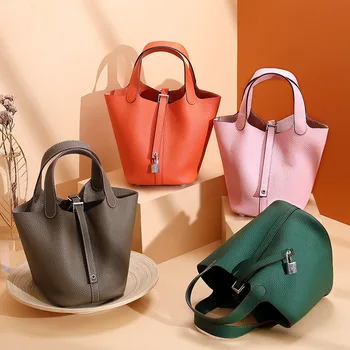 

Genuine leather handbags leather bucket bag lychee pattern top layer cowhide handbag fashion simple hand bag women tote bag