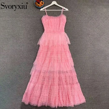 

Svoryxiu Fashion Designer Summer Women Backless Spaghetti Strap Dress Dress Ladies Sleeveless White Lace Sweet Long Dresses