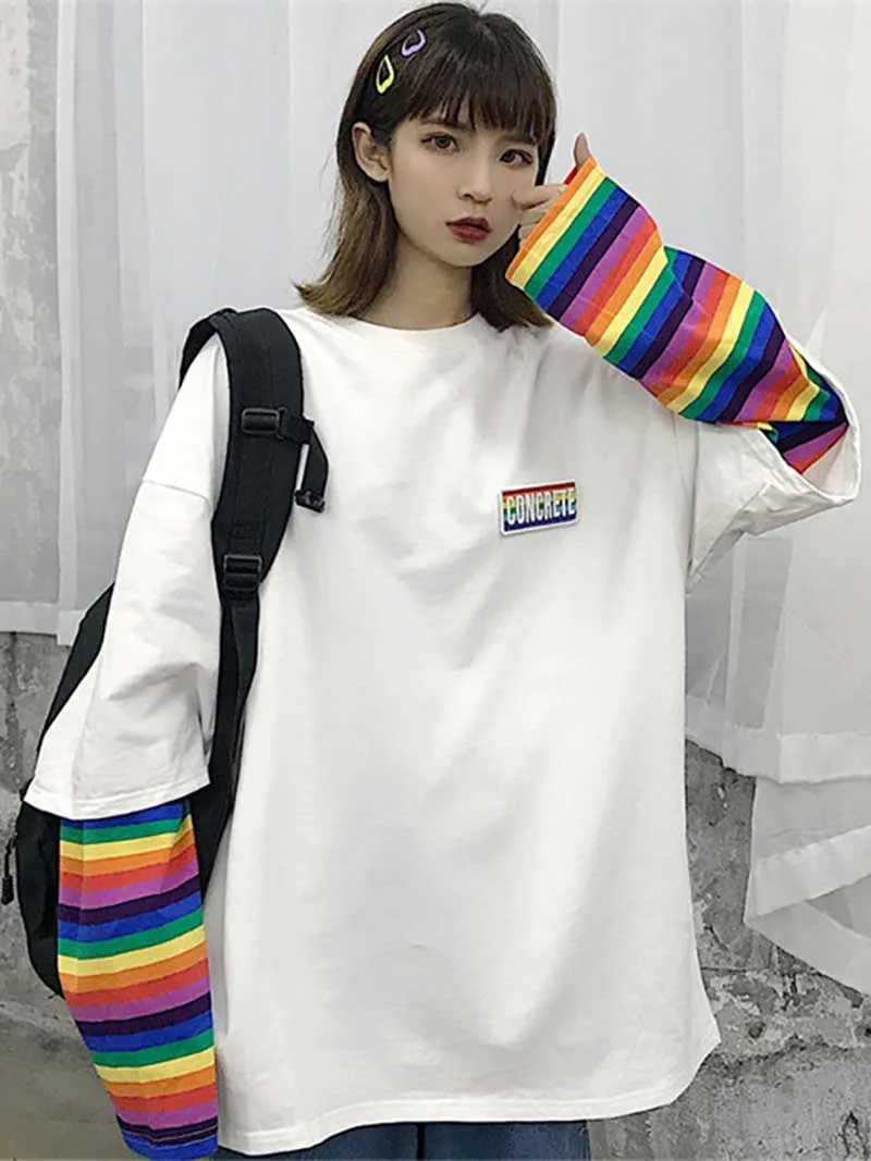 NiceMix Harajuku футболка Женская Лоскутная мультяшная печать буквы комиксы Свободная рубашка с длинным рукавом женская уличная orversize футболка