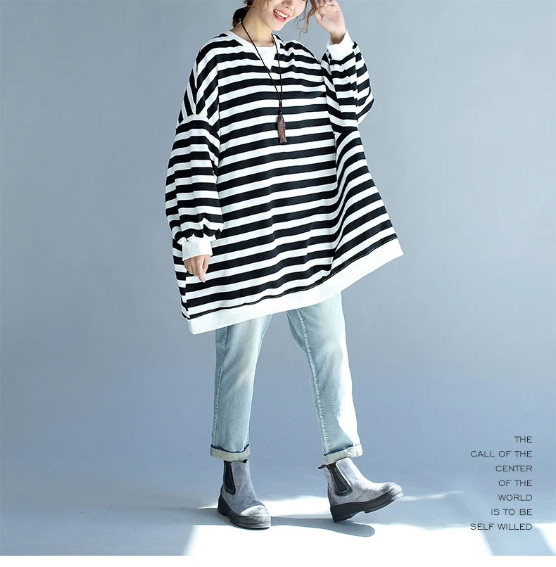 Новинка, XXXL, 4XL, 5XL размера плюс, Женская свободная Полосатая туника, осень, новинка, пэчворк, хлопок, верх размера d, рукав летучая мышь, harajuku, футболка