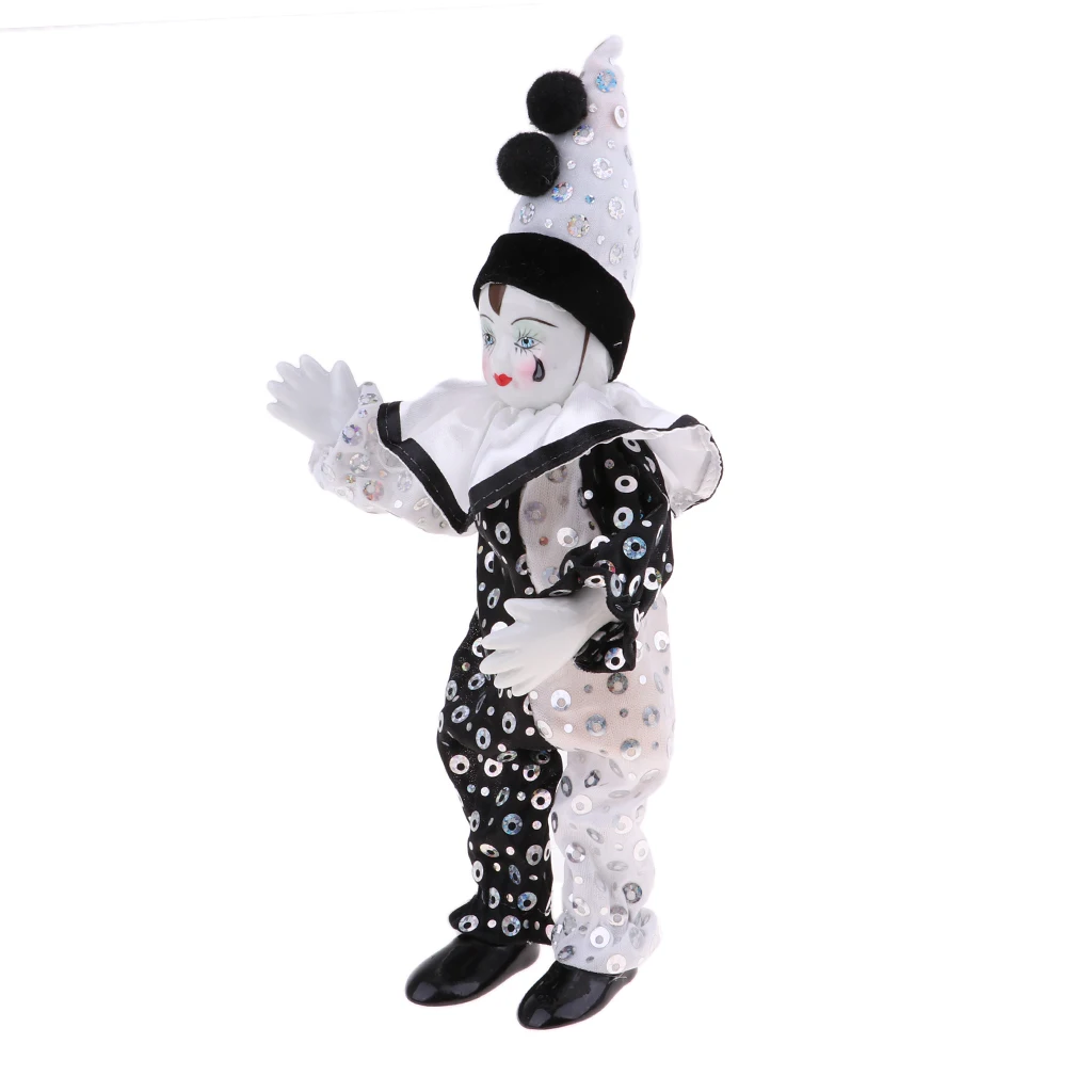 9 Inch Porcelain Smiling Clown Doll Wearing Classic Outfits, Funny Harlequin Doll, Circus Props, Halloween Decor