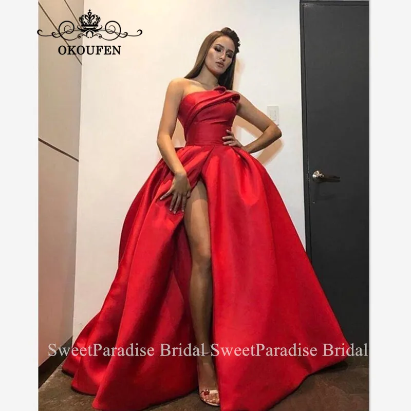 

Gorgeous Puffy A Line Evening Dress For Women Side Split Strapless Red Satin Long Party Prom Dresses Formal Robe De Soiree