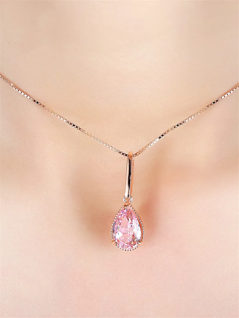 CC Chain Pendant Necklace For Women Rose Gold Plated Water Drop Pink Cubic Zircon Stone pendant necklace gold necklace