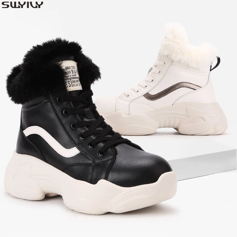 SWYIVY/кожаные ботинки; женская зимняя обувь из плюша; Новинка года; теплые женские ботинки; женские ботильоны; зимние однотонные ботинки на платформе