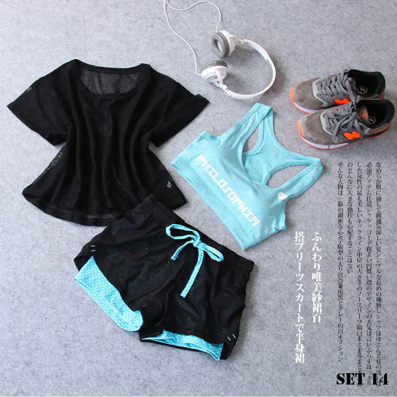 Set 14 Спортивная одежда, комплект из трех предметов для йоги, Спортивная рубашка для женщин, спортивный бюстгальтер для фитнеса, расклешенные штаны, леггинсы, спортивный костюм, леггинсы для спортзала, 15 цветов - Цвет: Set 14