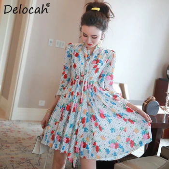 

Delocah Summer Women Fashion Designer Short Dress Lantern Sleeve Bow Floral Print Elegant Female Party Pleated Dresses vestidos