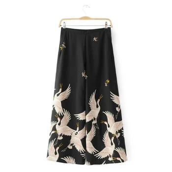 

Vintage Women Red Crowned Crane printing Ankle-Length Pants Fashion Wide Leg Pant Loose Comfortable trousers P152