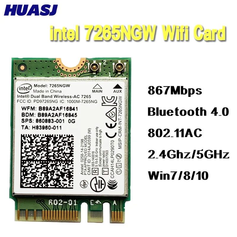 Huasj Dual Band Wireless-Ac 867Mbps Per Intel 7265 7265Ngw 802.11Ac 2X2 Wifi Bt 4.0 Ngff M.2 Wifi Network Card Laptop