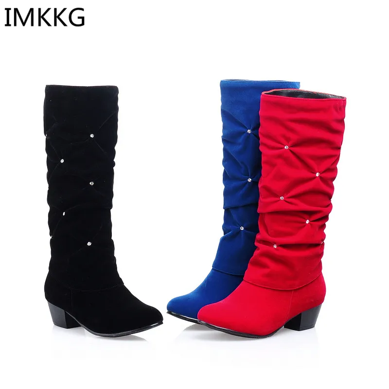 New Women Low Heel Mid-calf Winter Boots Fashion Rhinestone Round Toe Snow Boots Party Wedding Shoes Red Black Blue