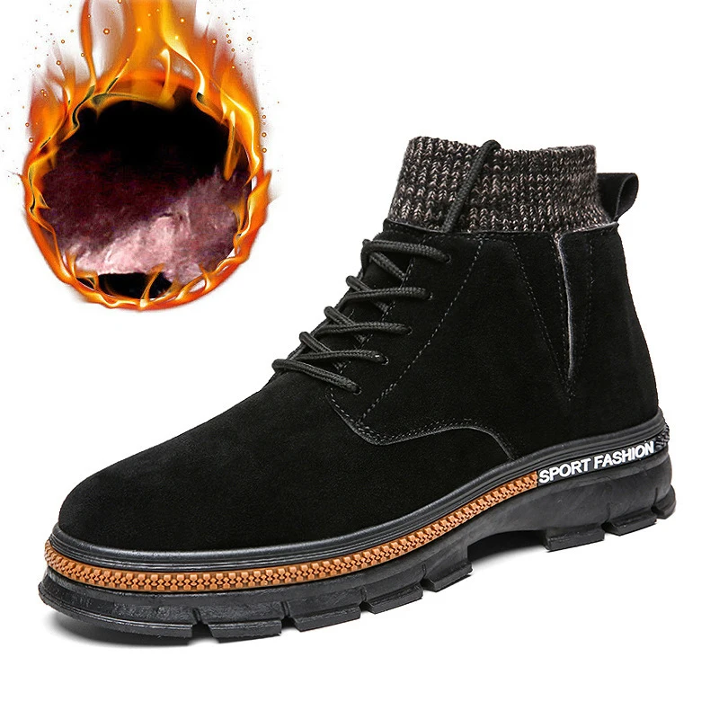 Merkmak/новые модные мужские ботинки на шнуровке теплые бархатные зимние ботильоны большого размера обувь с высоким берцем в британском стиле - Цвет: with velvet