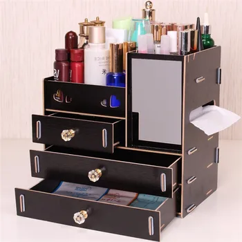

Wooden Cosmetics Organizer Makeup Storage Box With Mirror Cosmetic Objects Box Desktop Lipstick Boxes Sundries Case