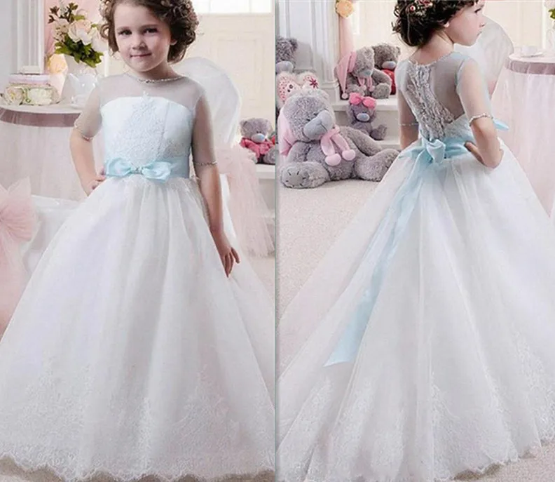 Bloem Meisjes Jurken EEN Line Jewel Lace Applique Sweep Trein Meisjes Optocht Met Boog Sash Custom Made Bloem Meisjes Jurken EEN Line Jewel Lace Applique Sweep Trein Meisjes Optocht Met Boog Sash Custom Made