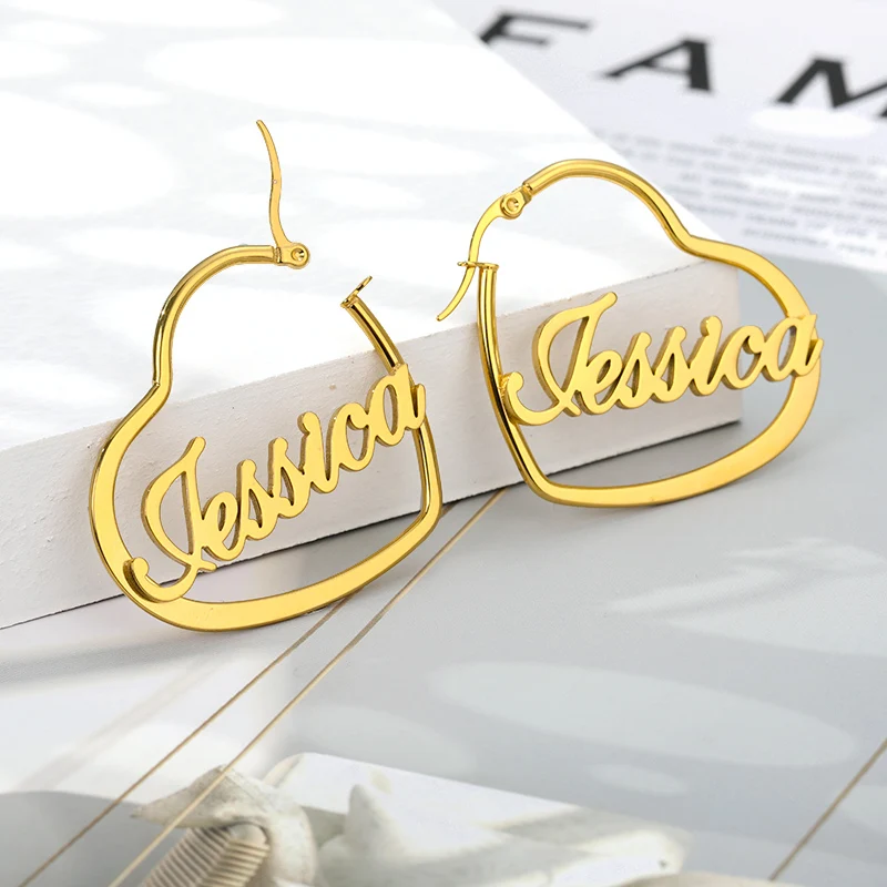 

Personalized Stainless Steel Name Earrings For Women Custom Heart Style Circle Hoop Earrings Female pendientes Jewerly Gifts