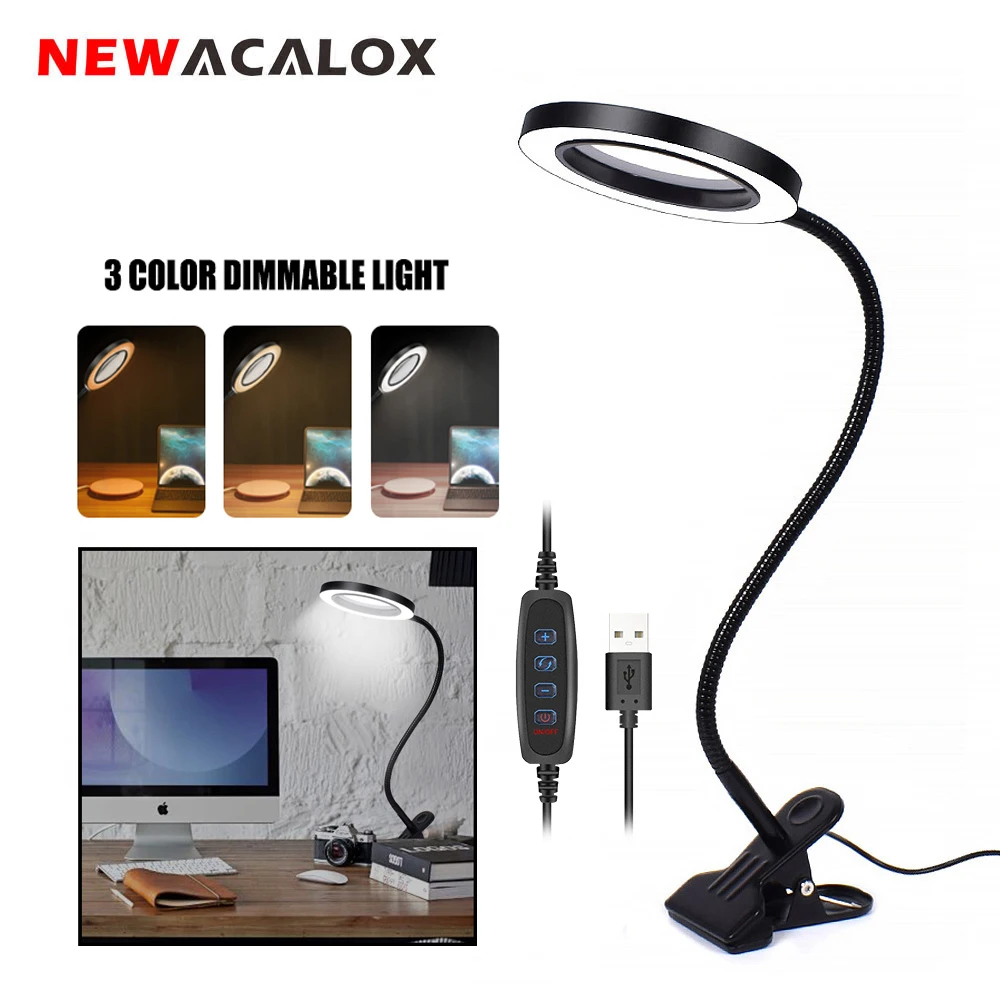 NEWACALOX Flexible 3X/5X Magnifier USB 3 Colors Lamp Clip on Table Top
