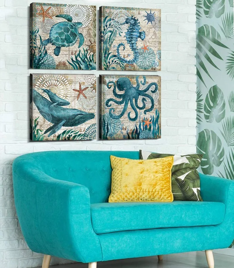 Home Wall Art Deco-Marine Themed Mediterranean Style Canvas with Frame Sea Animal Octopus Turtle Seahorse Whale Picture Post | Дом и сад