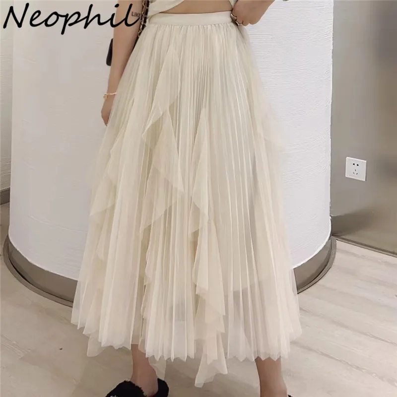 Neophil Spring Chic Women Ruffles Layered Mesh Tulle Skirts Ball Gown Puffy Elastic Flare Voile Solid Trendy Long Skirt S21937 spring plaid muslim woman voile maxi scarf for ladies fashion women grid hijabs fashion tassel stole silver glitter scarfs hijab