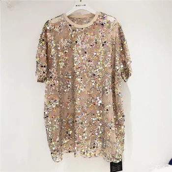 

SuperAen 2020 Summer New Fashion Streetwear Colored Sequins Perspective Mesh Lace Loose Short T-shirt Women