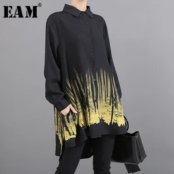 

[EAM] Women Black Printed Back Long Big Size Blouse New Lapel Long Sleeve Loose Fit Shirt Fashion Spring Autumn 2020 1T431