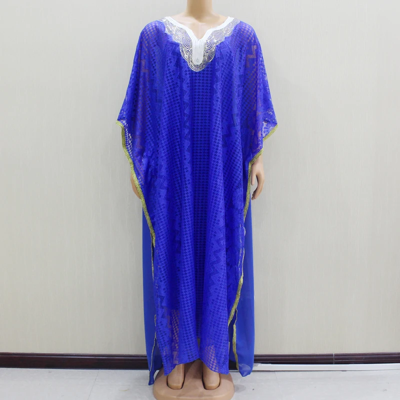 

Navy Blue Loose African Lace Dresses (2 in 1) Two Piece Set Appliques Solid V-Neck Sexy Women Dresses