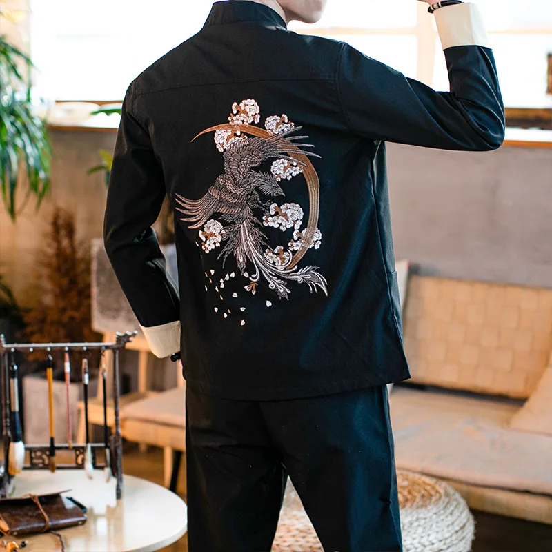 Classic Chinese Style Mens Sets High Quality Stand Collar Embroidery Men Jacket and Pants Size S M