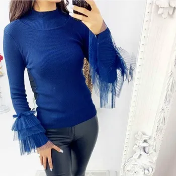 

Ladies Autumn Knitted Jumper Pullover Tops Knitwear Women Mesh Sleeve Slim Elegant Autumn Sweater 2019 Christmas