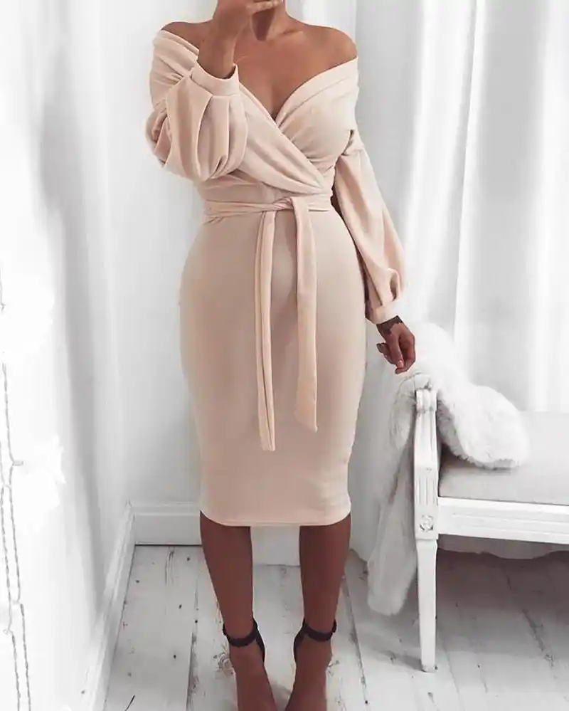 off shoulder twisted waist tie sexy midi dress