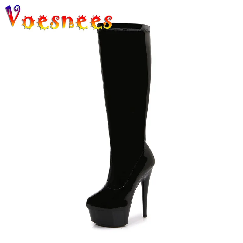

European And American 2022 Winter Middle Tube Women's Boots Sexy Nightclub Thin Heel Shoes 15CM Pole Dance Training Leather Boot