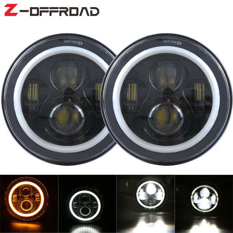 

7" DRL Halo Headlights with Halo Ring Amber Turn Signal For land rover defender led wrangler jk Farol Led 7 Polegada  