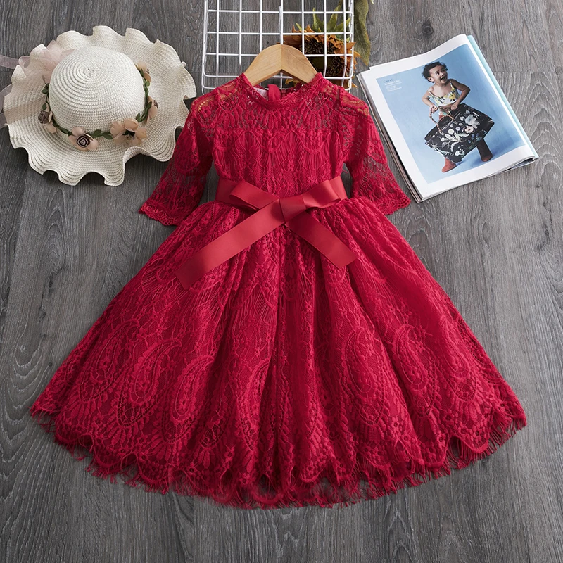 Детские платья для девочек 3-8 лет; элегантное кружевное платье принцессы; повседневная одежда; сезон осень-зима; детская одежда с длинными рукавами