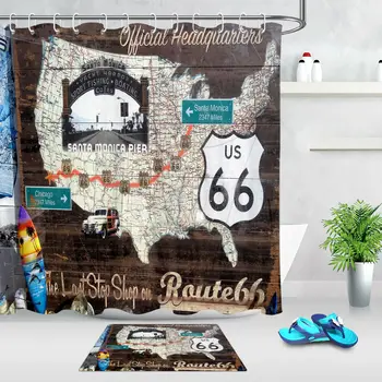 

100% Polyester Fabric US Route 66 Road Map Shower Curtain Set Bathroom Custom Hooks