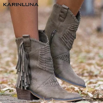 

Dropship On Sale Large Size 34-43 woman shoes Vintage Poined Toe Low Heels Fringe Slip-On Ankle Autumn Western Boots