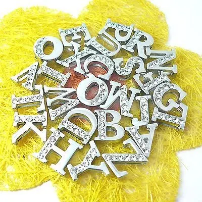 

1pc English letter Alphabet Internal Dia:8mm silver Half Rhinestone Slide Letter charms Fit DIY key chain Bracelet Pet Collar