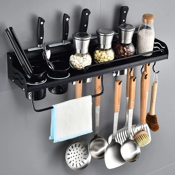 

BEAU-Wall Mount Black Kitchen Storage Rack Shelf Kitchenware Cutlery Holder Organizer