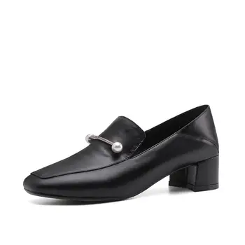 

Summer autumn fashion women shoes genuine leather fabric 4CM thick high heel comfortable inside handmade casual square toe shoes