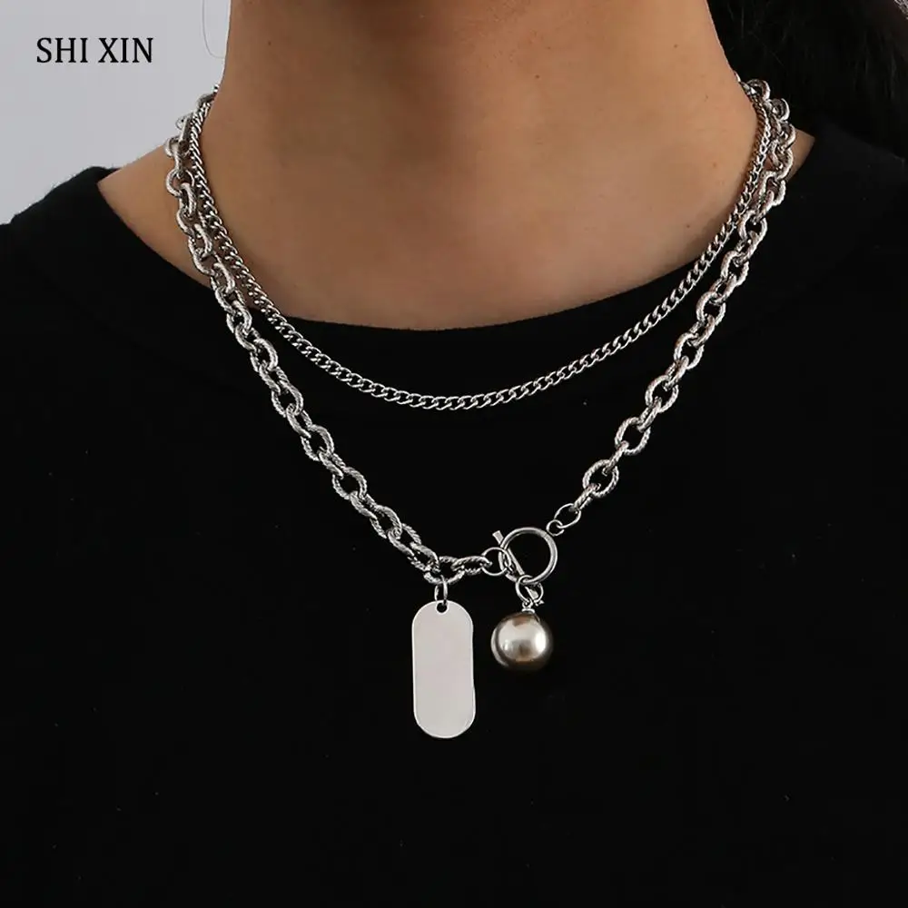 

SHIXIN 2 Pcs/Set Chunky Stainless Steel Chain Necklace for Women Punk Ball Square Pendant Necklace on Neck Jewelry Fashion Colar