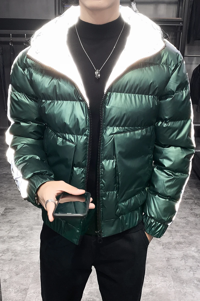 Зеленая Парка мужская с капюшоном зимняя куртка мужская Свободная зимняя одежда Пузырьковые пальто мужские куртки-пузырь Серебряный Флуоресцентный светильник