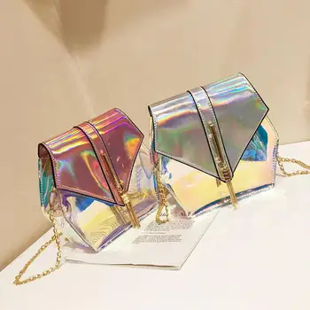 

PVC Shoulder Bag Women Fashion Laser Flap Transparent Crossbody Messenger Hexagon Small Bags Ladies Shopping Handbag