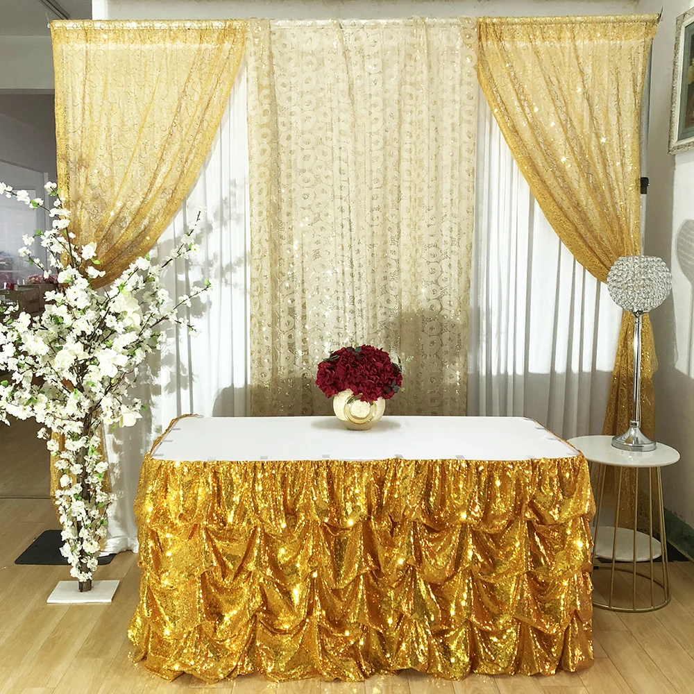 

2020 New Arrival 2 Piece Per Lot 3m L x75cm H Gold Sequin Table Skirt For Wedding Decoration