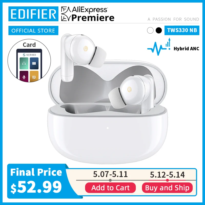 EDIFIER TWS330NB hybrydowy ANC TWS bezprzewodowy zestaw słuchawkowy Bluetooth 5.0 AAC HD szybkie ładowanie AI połączenie telefoniczne redukcja szumów