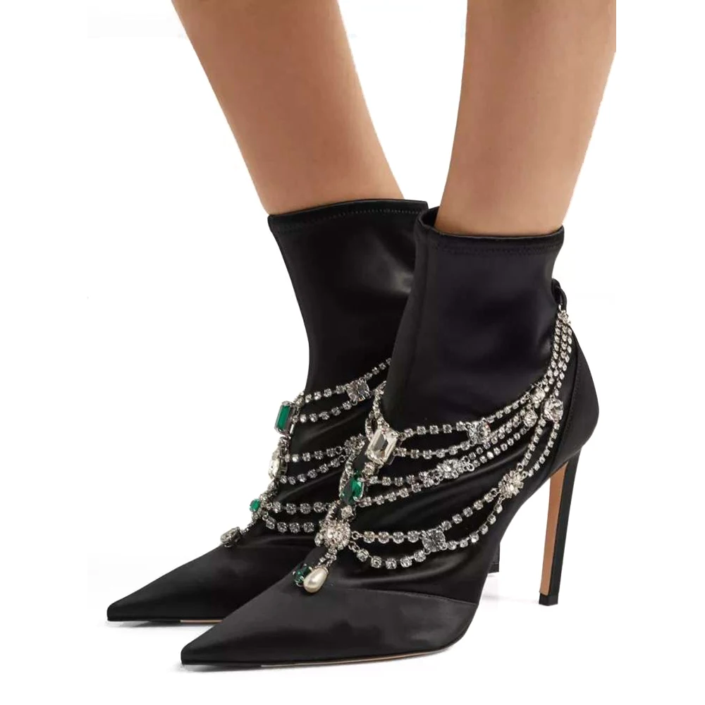 Scarpe donna/женские ботильоны; зимняя шелковая женская обувь на высоком каблуке 10,5 см с острым носком, украшенная кристаллами и цепочкой; зимняя обувь; Zapatos De Mujer