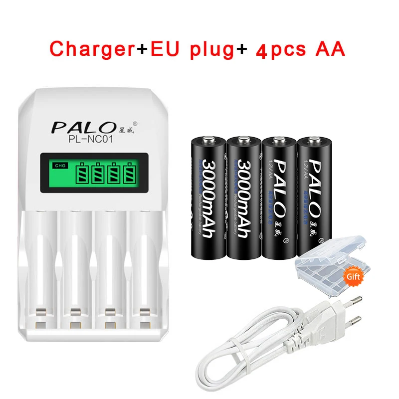 4pcs AA charger EU 4 шт. AA батареи, перезаряжаемые батареи 1,2 V AA 3000mAh Ni-MH Предварительно заряженный аккумулятор 2A батареи для камеры фонарик - Цвет: 4pcs AA charger EU