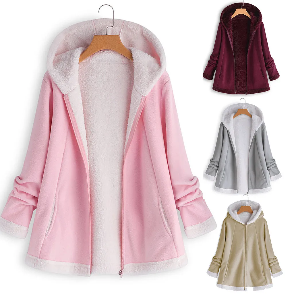 

Hxroolrp New Fashion Women's Winter Warm Outwear Casual Button hooded plush Zip jacket Curved Hem Long line Coats Tops 5XL F1