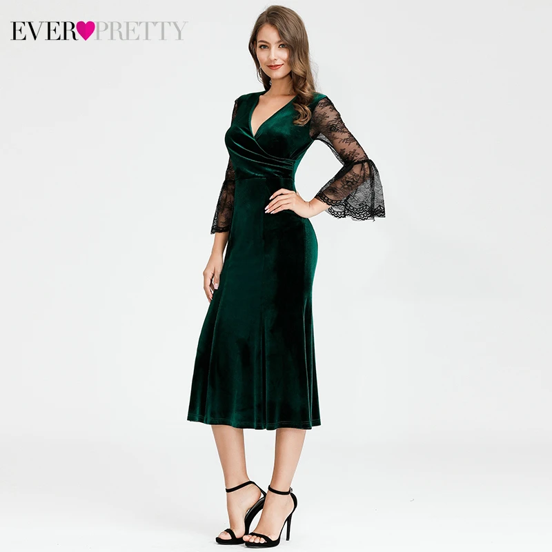 Элегантные велюровые вечерние платья Ever Pretty EP07301DG 3/4 кружевные короткие вечерние платья Русалка с расклешенными рукавами и v-образным вырезом Lange Jurken
