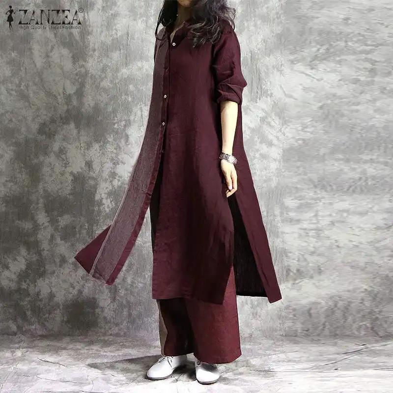ZANZEA Women Autumn Cotton Linen Trousers Casual Wide Leg Pants Elastic Waist Color Block Pantalon Vintage Palazzo Streetwear 7