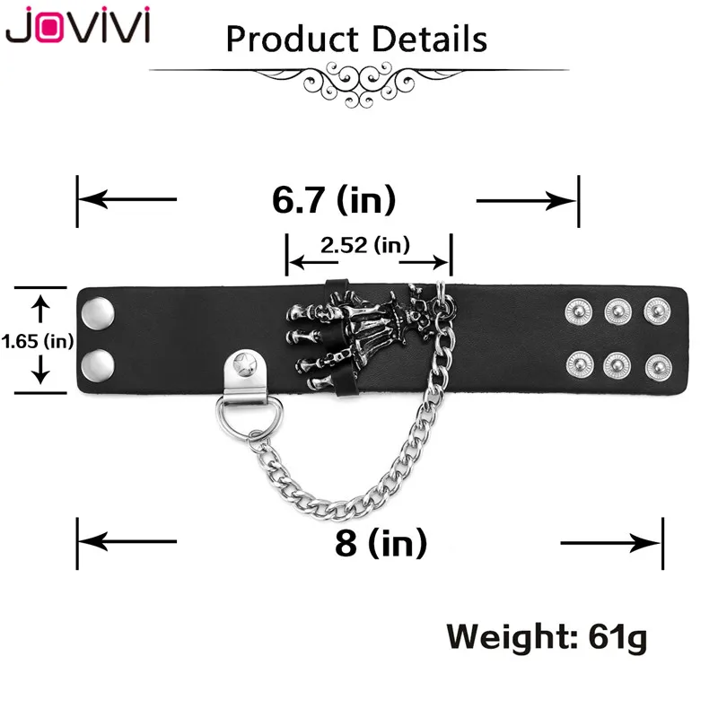 Jovivi 1 шт. черный кожаный Металлический Шип Шипованная заклепка с черепом в стиле Панк-Рок Байкер широкий ремешок браслет для женщин мужчин 6,7-" панк браслеты