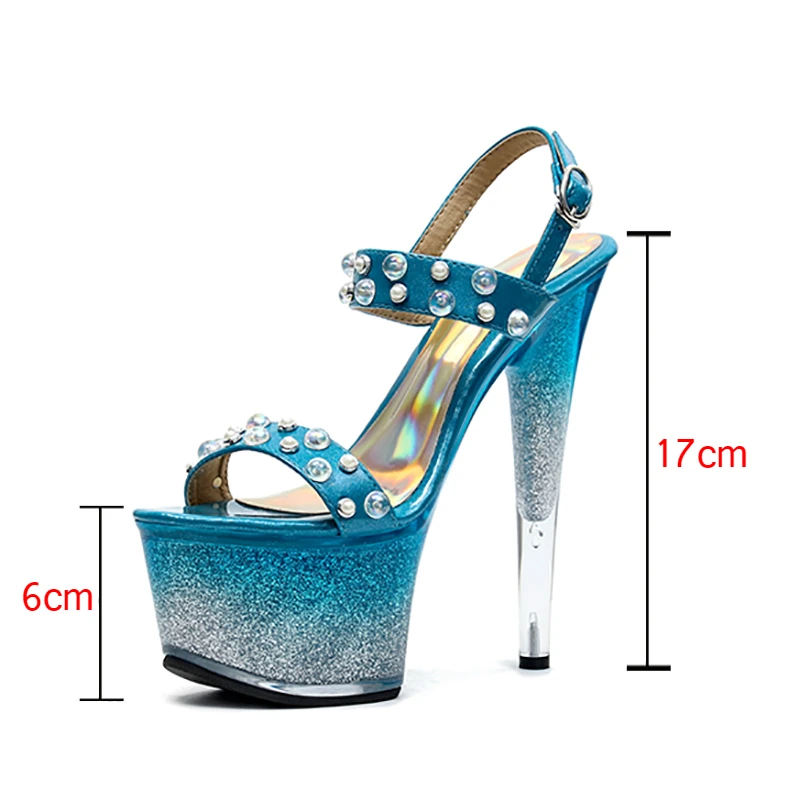 Sandals Women Summer Blue 17cm Sexy Super High Thin Heel Gladiator Glitter Gradient Rivet Open Toe Platfrom Buckle Strap Shoes