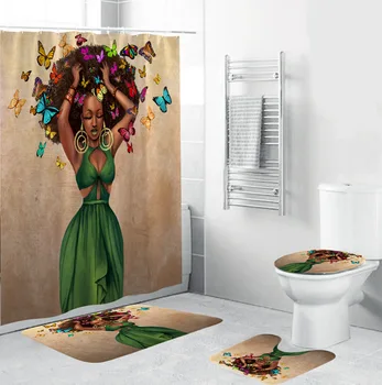 

4Pcs/Set African Girl Bathroom Shower Curtains Europe PVC Bath Mat Anti-slip Toilet Pattern Carpet Toilet Seat Covers Home Decor