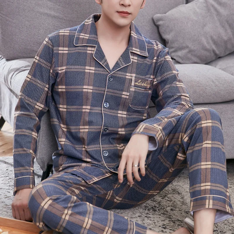 pajama joggers Men's Pajama Sets Autumn Winter Man Pajamas Set Simple Sleepwear long Sleeve Cotton Top Pant Leisure Outwear Soft Nighties men satin pajamas