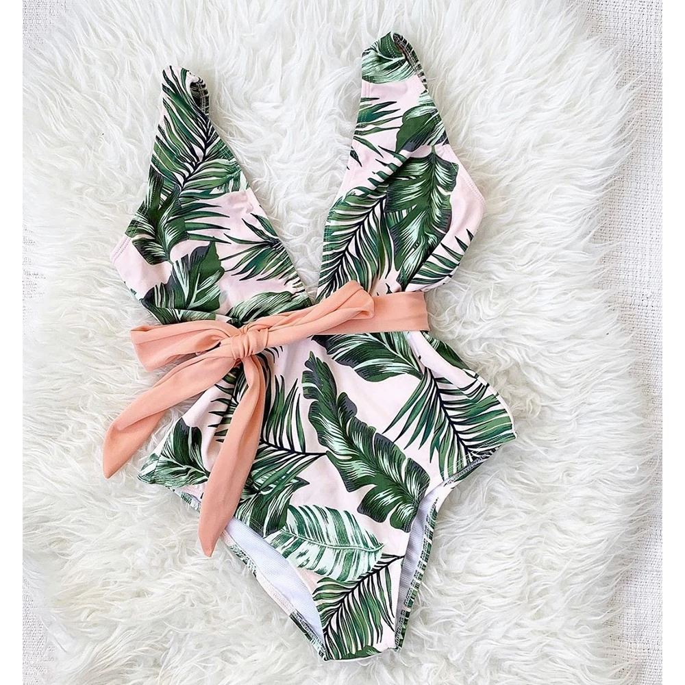 

2019 New Design One Piece Swimsuit For Women Ruffle Floral Print Swimwear Deep V Sexy Bathing Suit Femme Bain Monokini Beach
